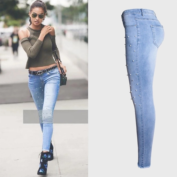 Pants - Faux Pearls Detail Skinny Jeans